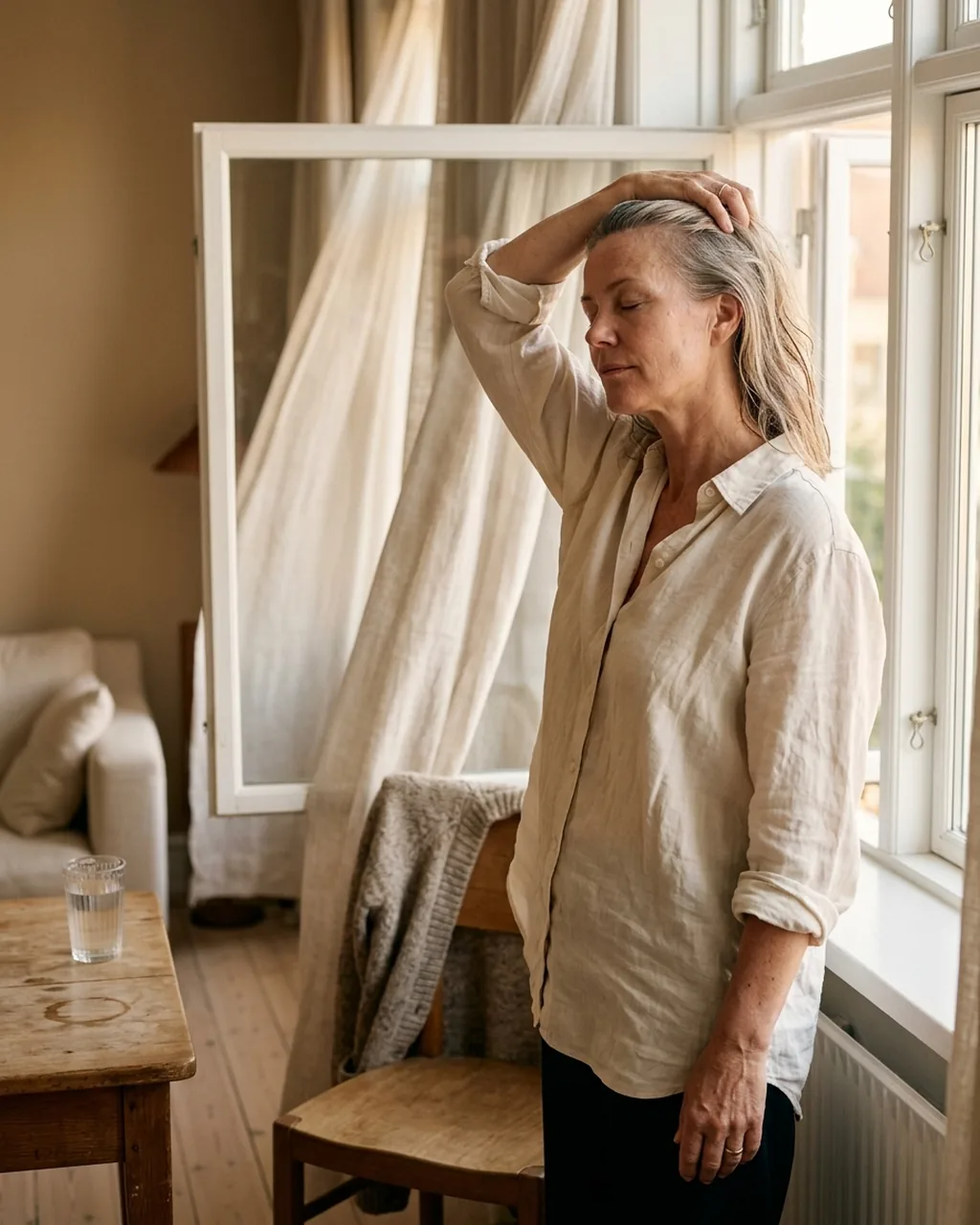 Kvinde ved et åbent vindue efter en nat med afbrudt søvn