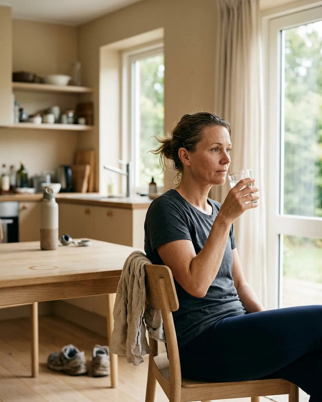 Kvinde i træningstøj sidder i sit køkken med et glas vand efter træning